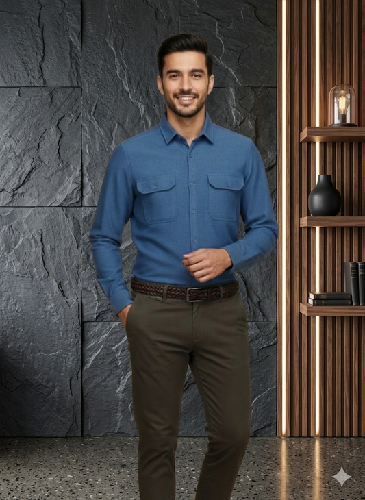 Men’s Stylish Blue Textured Button Up Shirt