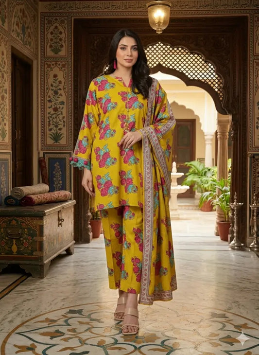 Floral Print 3 PC Unstitched Lawn Fabric – Summer Collection Dress Material