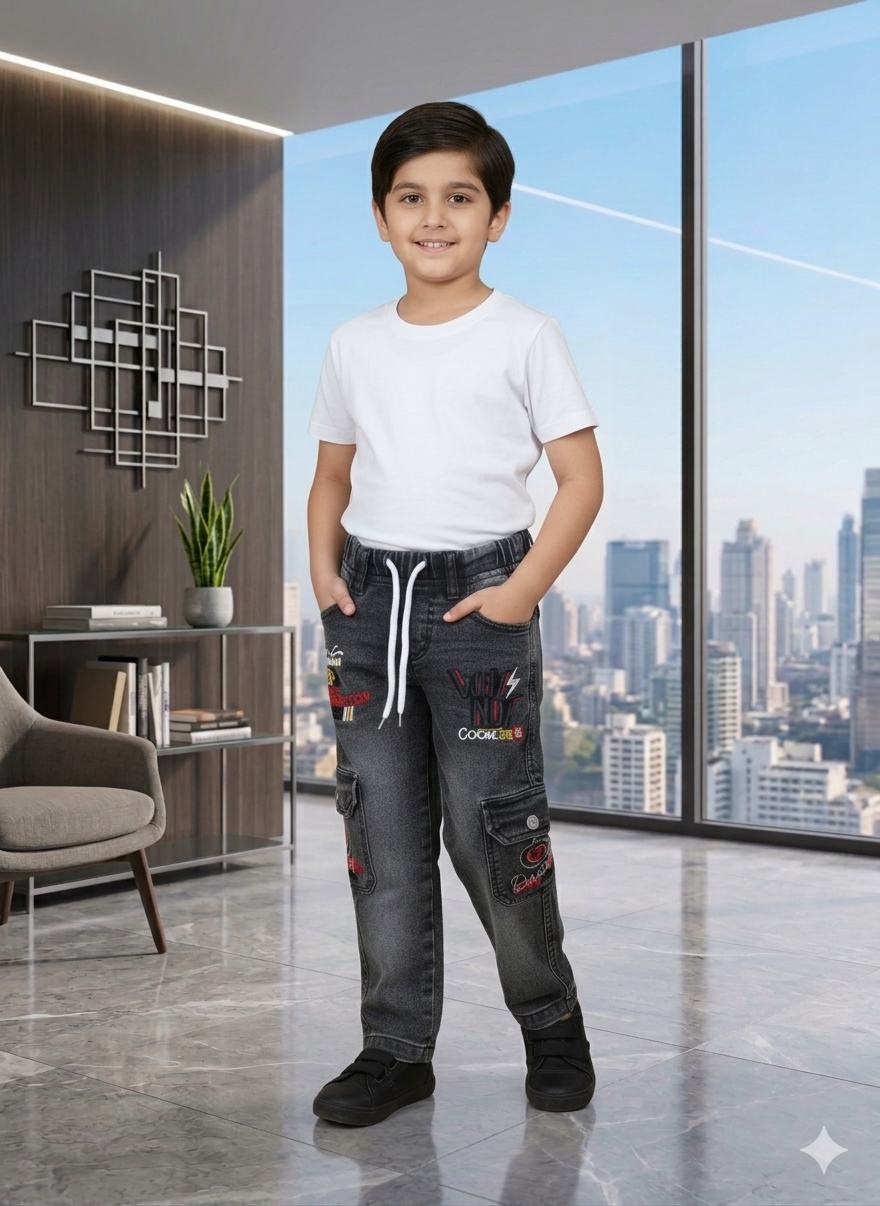Kids Black Cargo Jeans with Embroidery & Drawstring