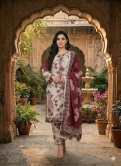 Elegant Women’s Printed Suit – White & Maroon Palm Tree Traditional Wear