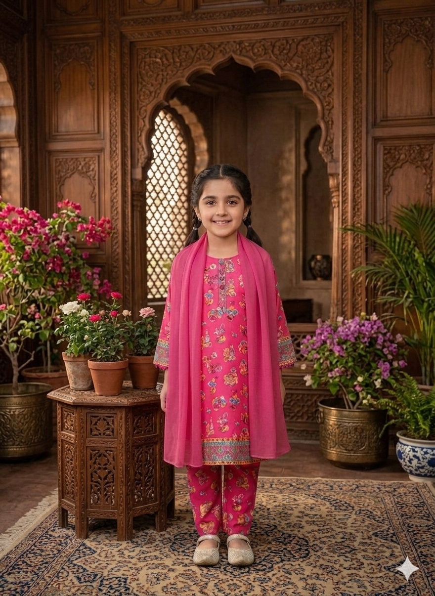 She Club 3pc stitched suit for girl – Pink Summer Cotton