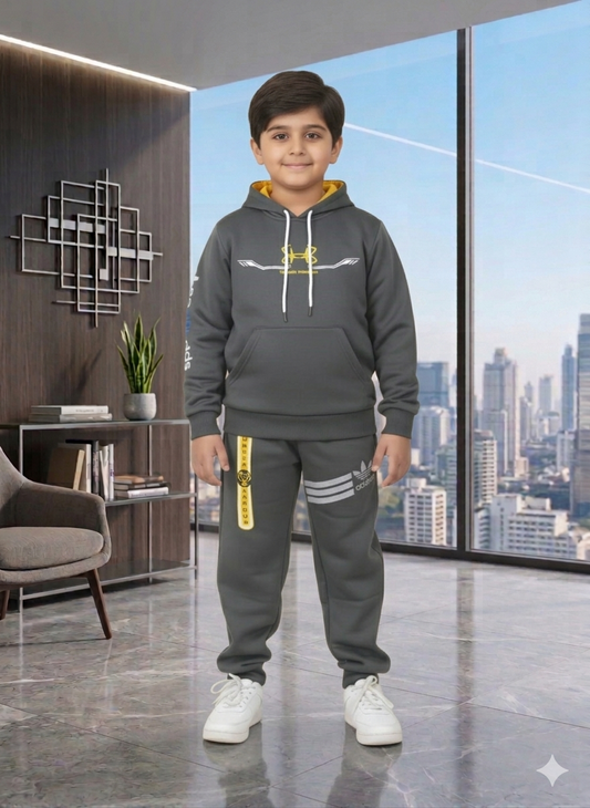 Buy Dynamic Boys Athletic Tracksuit – Grey Hoodie & Joggers with Sporty Logos | Gelani Kids Wear