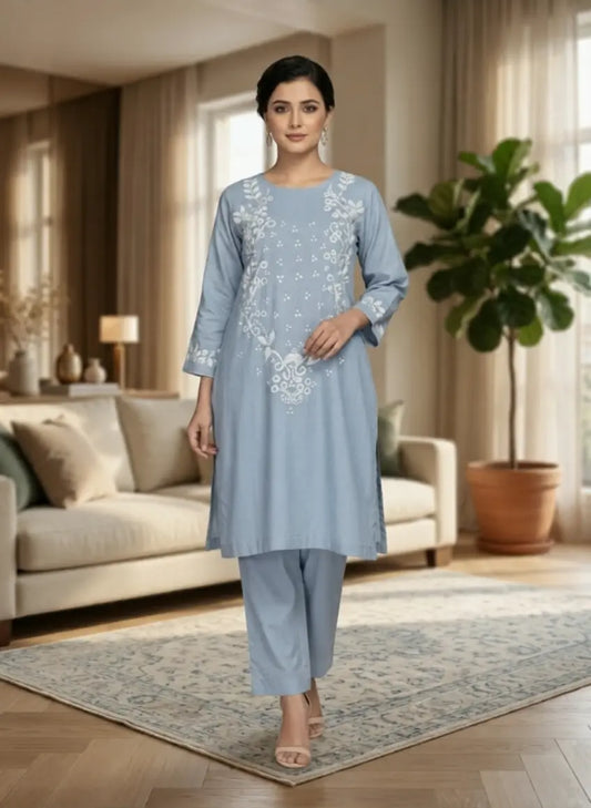 Buy 2 Pc Hand Painted Cotton Suit Pakistan | Gray Floral