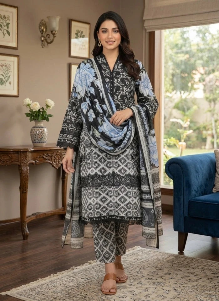 3 PC Unstitched Lawn Fabric Suit for Women – Floral & Geometric Prints