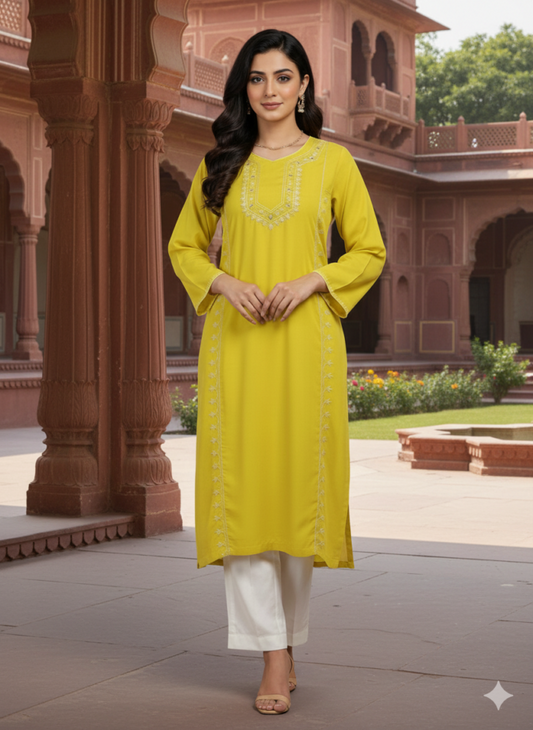 Handmade Embroidered Yellow Tunic Dress – Traditional Folk Style