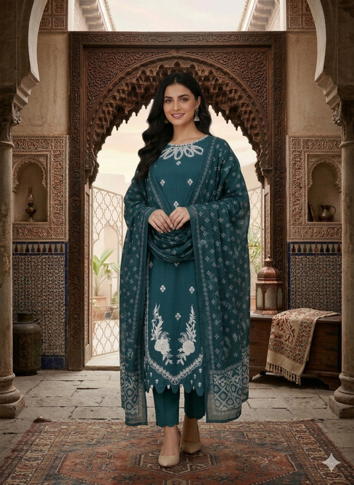 Embroidered Lawn Teal Suit with Dupatta
