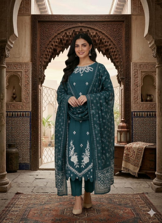 Embroidered Lawn Teal Suit with Dupatta