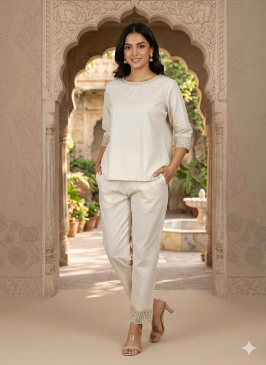 Elegant Off-White Women’s Embroidered Trouser – Stylish & Comfortable