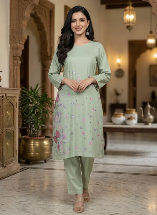 Buy 2 Pc Hand Painted Cotton Suit Pakistan | Pista Green