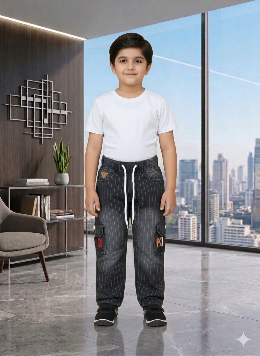 Kids Pinstripe Cargo Jeans with Drawstring Waist – Stylish & Comfortable Boys’ Denim