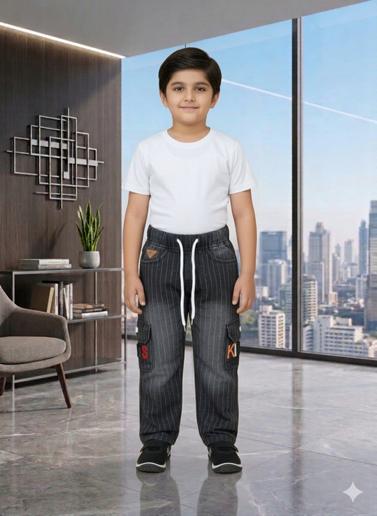 Kids Pinstripe Cargo Jeans with Drawstring Waist – Stylish & Comfortable Boys’ Denim