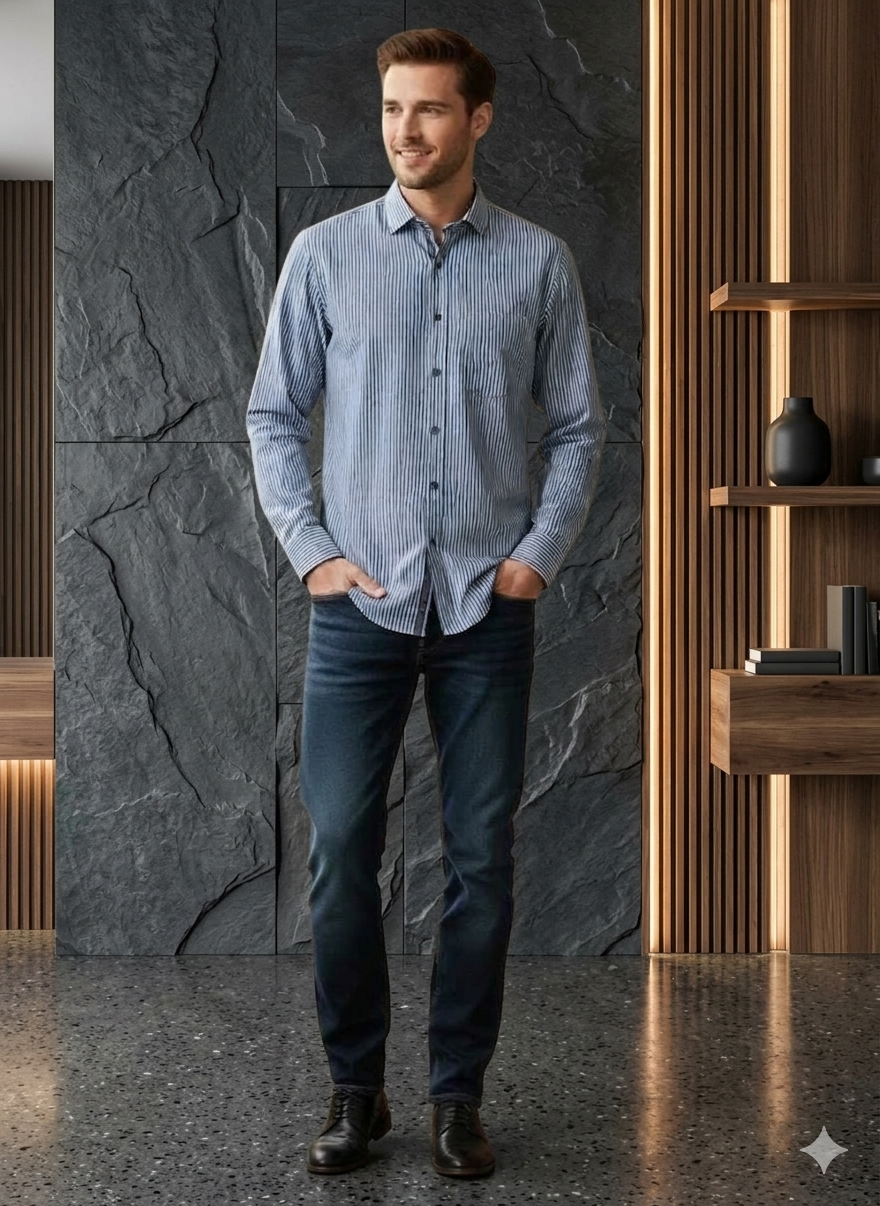 Men’s Blue and White Striped Dress Shirt – Tailorbird Classic Fit