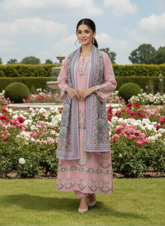 Pink Cotton Embroidered Kurta Set with Dupatta