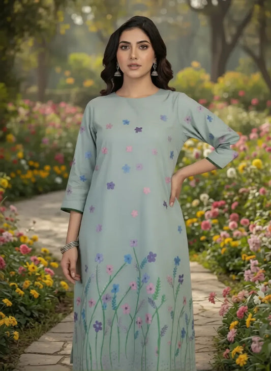 Hand-Painted Floral Kurta Dress for Women – Unique Stitched Design