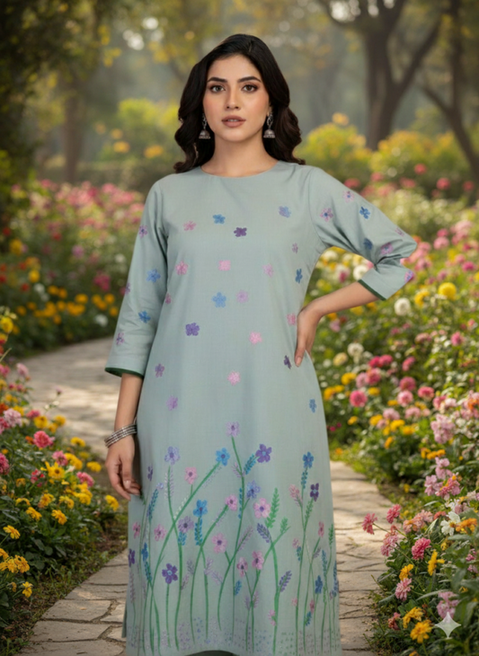 Hand-Painted Floral Kurta Dress for Women – Unique Stitched Design