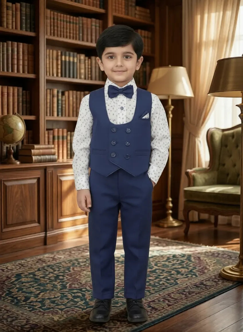 Boys’ Formal Blue Suit Set – 3-Piece Waistcoat, Shirt & Trousers