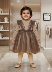 Elegant Brown Girls Party Dress with Tulle Skirt and Knitted Sweater Top