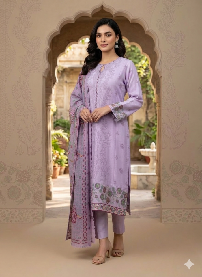 Elegant Lavender Cotton Embroidered 3-Piece Suit for Women