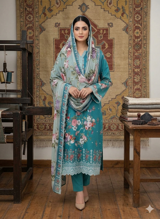 Women’s Teal Floral Printed 3-Piece Lawn Suit with Embroidered Details