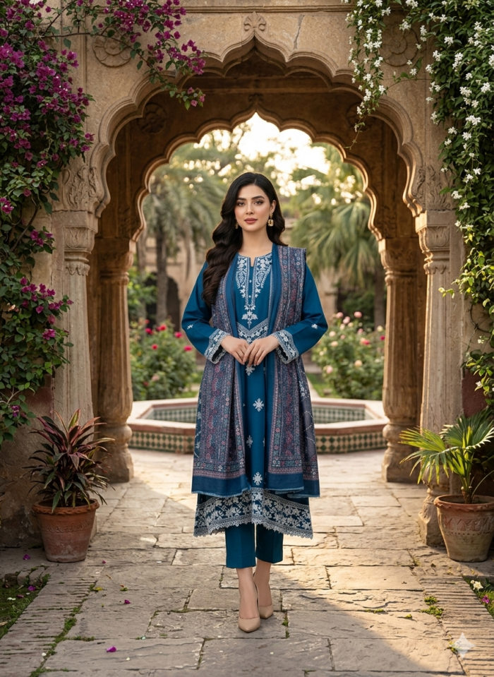 Elegant Teal Embroidered Lawn Dress with Dupatta