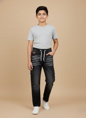 Kids Black Cargo Jeans with Drawstring Waist
