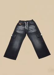 Kids Black Cargo Jeans with Drawstring Waist