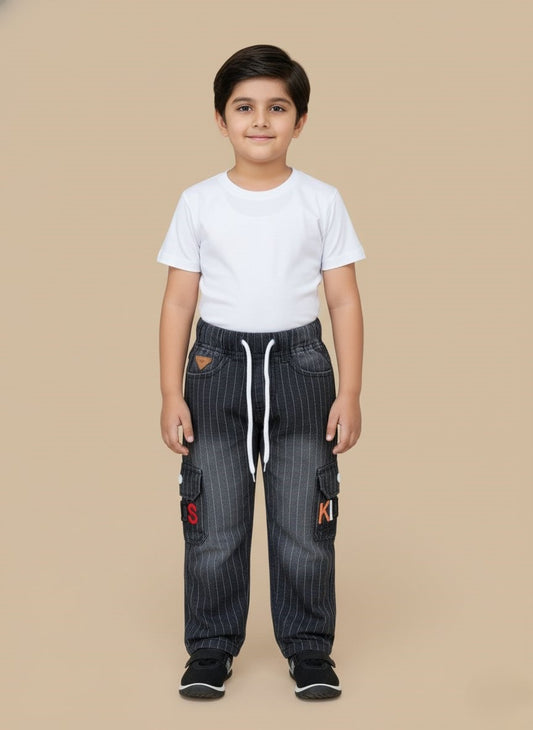 Kids Pinstripe Cargo Jeans with Drawstring Waist – Stylish & Comfortable Boys’ Denim