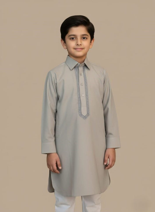 Premium Boys Grey Kameez with Embroidered Placket – Elegant Traditional Kurta for Kids