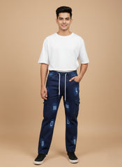 Stylish Dark Blue Denim Kids Cargo Jeans with Drawstring Waist