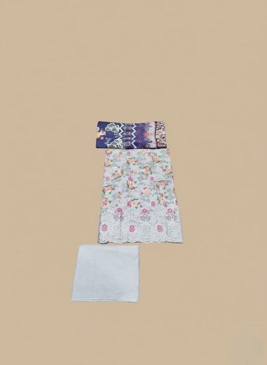 Elegant Embroidered Chikan Kari Suit with Floral Prints – Unstitched 3-Piece