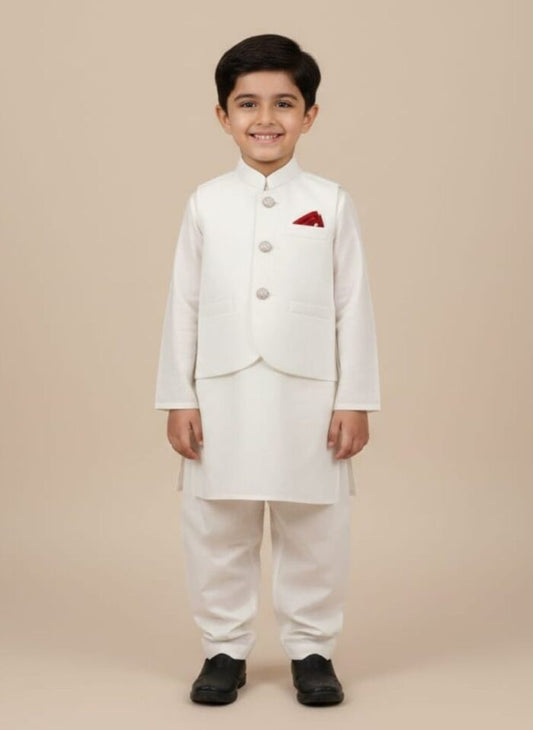 Off White Waistcoat for Boys | Stitched Kids Formal Wear – Elegant Ethnic Outfit