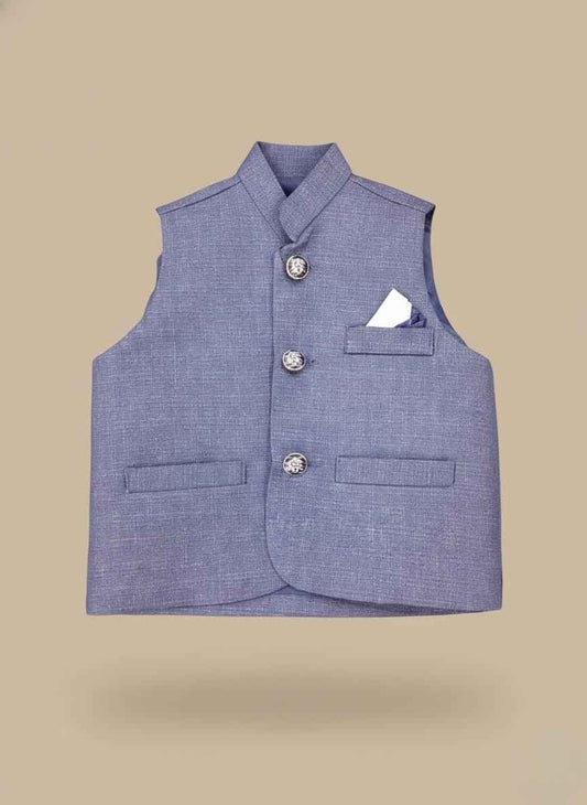 Slate Blue Waistcoat for Boys | Stitched Kids Formal Wear – Elegant Ethnic Outfit