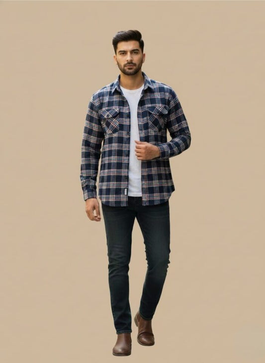 Men’s Navy & Red Plaid Flannel Shirt