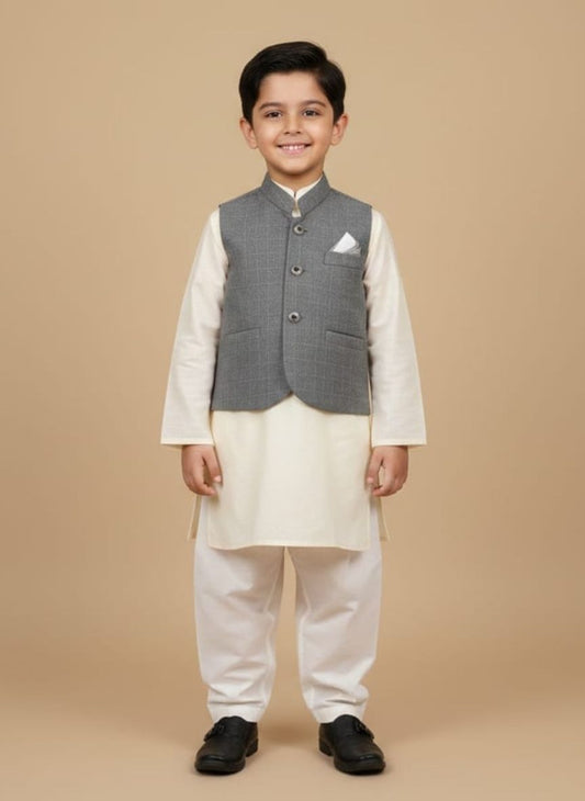 Charcoal Gray Waistcoat for Boys | Stitched Kids Wear – Elegant Ethnic Outfit