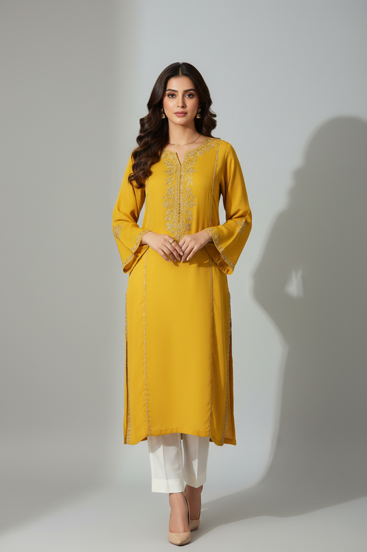 Handmade Embroidered Yellow Tunic Dress – Traditional Folk Style