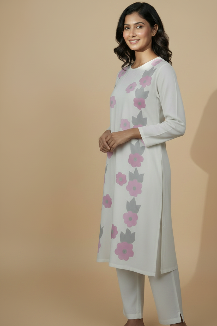 Hand-Painted White Cotton Dress with Pink & Grey Floral Design Stitched 2-Piece