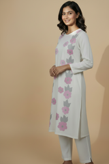 Hand-Painted White Cotton Dress with Pink & Grey Floral Design Stitched 2-Piece