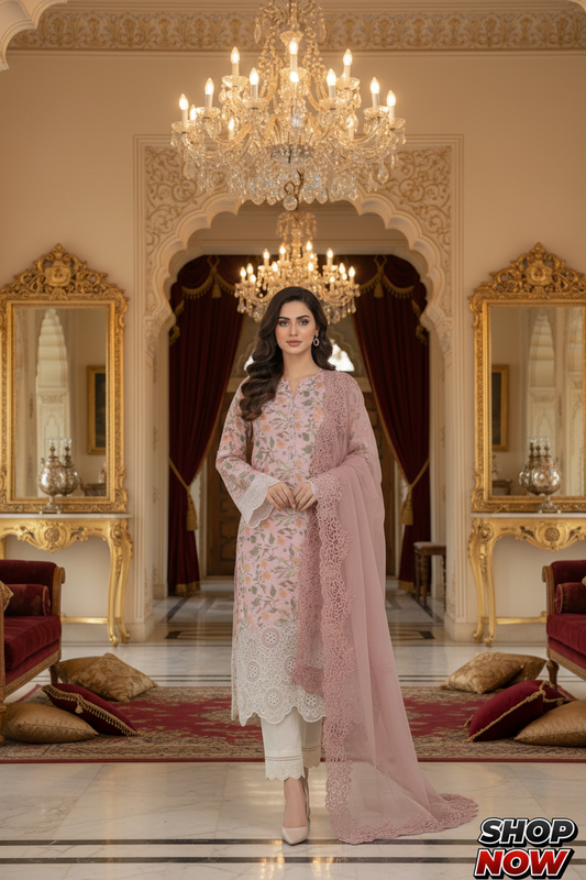 Pink Floral Embroidered Lawn Suit 3-Piece