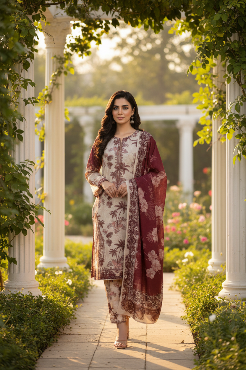 Elegant Women’s Printed Suit – White & Maroon Palm Tree Traditional Wear