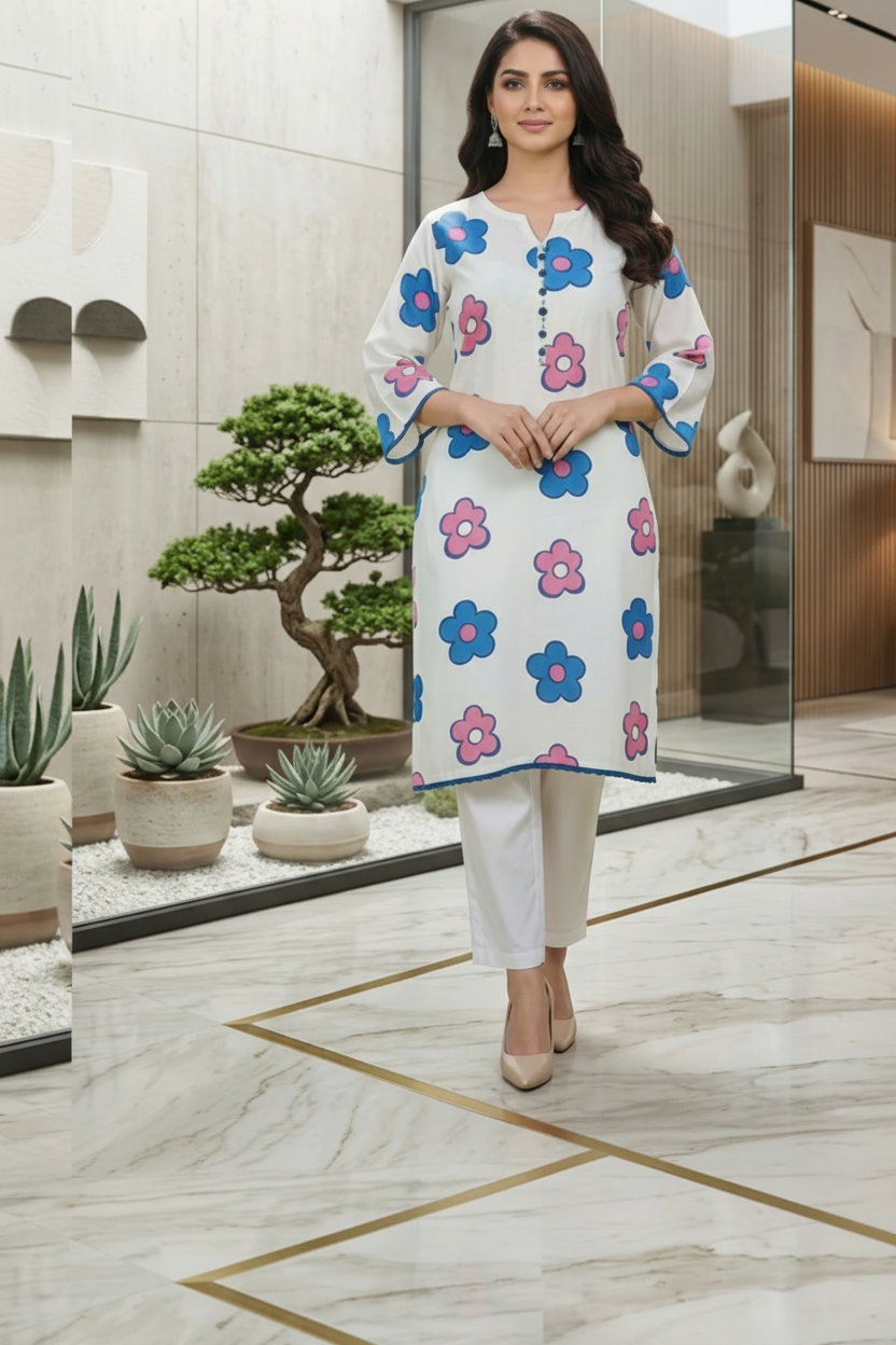 Hand-Painted Blue & Pink Floral for Women – 2 Piece Stitched Suit
