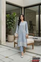 Hand-Painted Blue Kurta for Women – Embroidered 2-Piece Cotton Suit