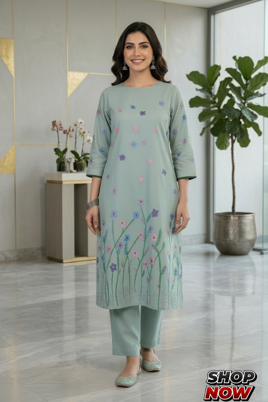 Hand-Painted Floral Kurta Dress for Women – Unique Stitched Design