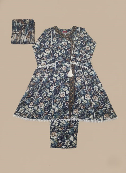 Elegant Women’s Floral Suit – Navy Printed Tunic with Trousers & Dupatta
