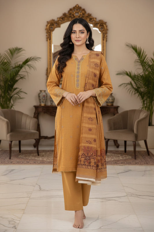 Elegant Mustard Embroidered Cotton 3PC Suit with Chiffon Dupatta