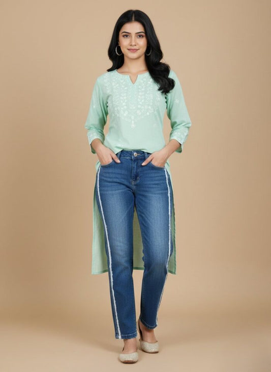 Women’s Blue Denim Jeans with White Side Stripes – Trendy & Comfortable