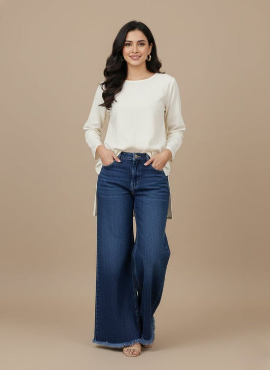 Women’s High-Waisted Wide Leg Denim Jeans with Frayed Hem