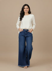 Women’s High-Waisted Wide Leg Denim Jeans with Frayed Hem