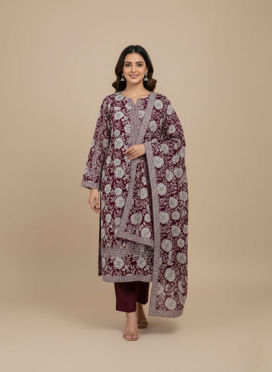 Women’s Khaddar Printed 3-Piece Suit – Elegant Maroon & White Floral Design
