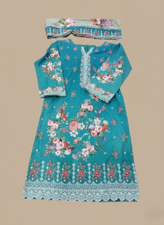 Women’s Teal Floral Printed 3-Piece Lawn Suit with Embroidered Details