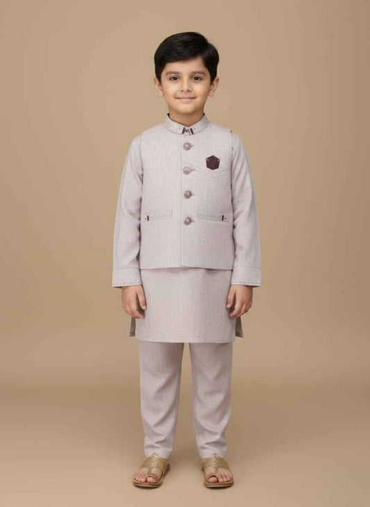 Gray Waistcoat Suit for Boys | Gelani Stitched Summer Wear – Stylish 3-Piece Outfit